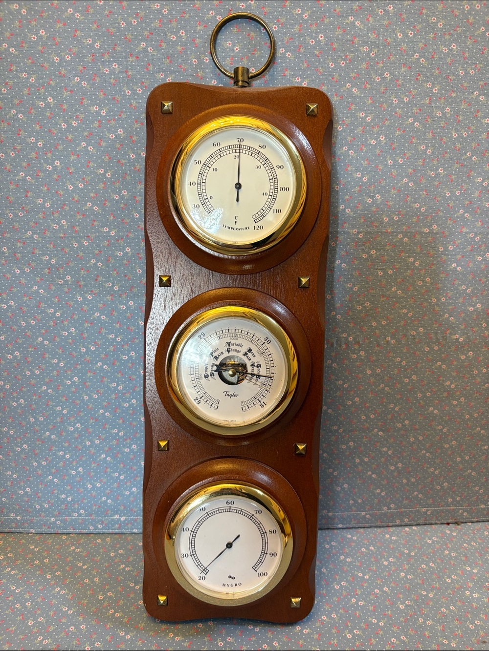 Vintage-Style Brown Wood Wall Weather Station with Brass Accents
